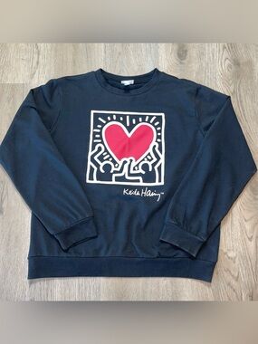 Keith Haring Black Crewneck Sweatshirt with Red Heart Graphic